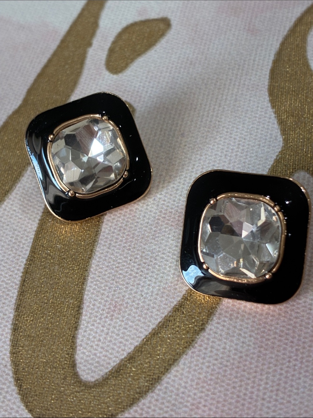 Black Enamel and Crystal Square Stud Earrings